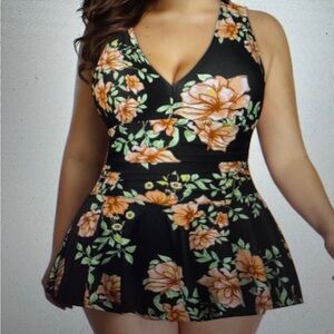 Floral V-Neck plus size swimsuit - Black with Flowers